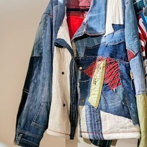 Men's Patchwork Denim Shirt Jacket - Blue, Red, Cream